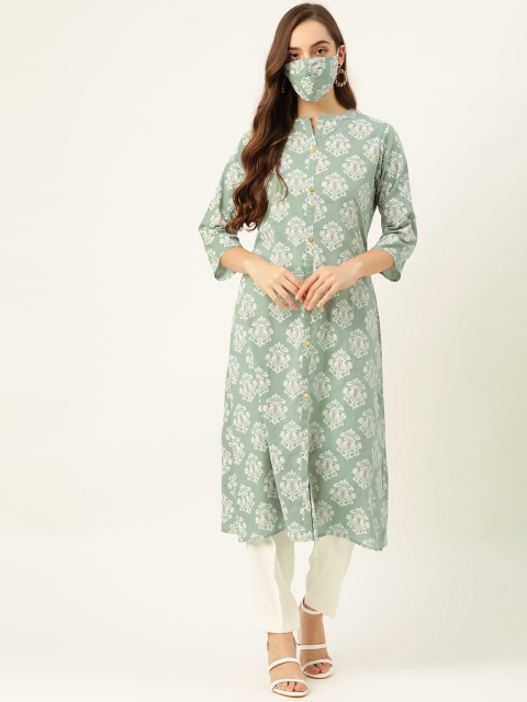 

Maaesa Women Green & White Ethnic Motifs Printed Kurta Comes With A Mask