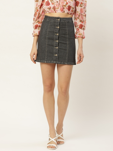

Rue Collection Women Charcoal Grey Solid A-Line Denim Skirt