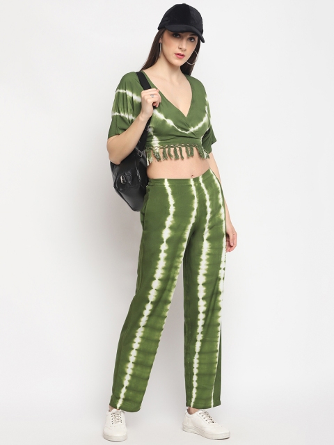 

OTORVA Women Rayon Olive Green White Printed Top with Trousers