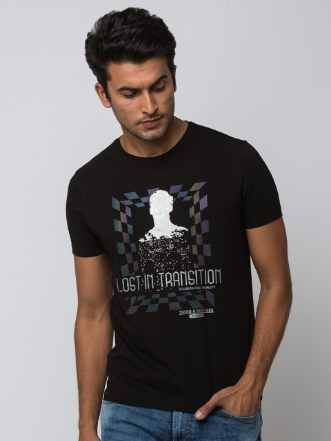 

SPYKAR Men Black Printed Round Neck Cotton T-shirt
