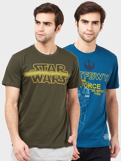 

Free Authority Men Pack of 2 Olive Green Blue Star Wars Printed Pure Cotton T-shirts