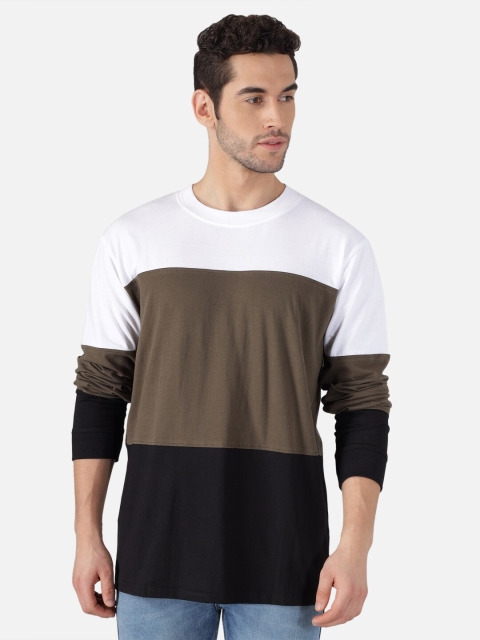 

The Dry State Men Brown White & Black Colourblocked Pure Cotton Round Neck T-shirt
