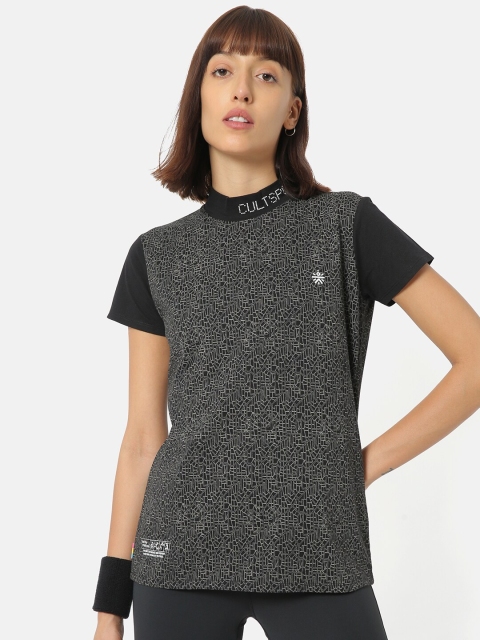 

Cultsport Women Charcoal Grey & Black Printed High Neck T-shirt