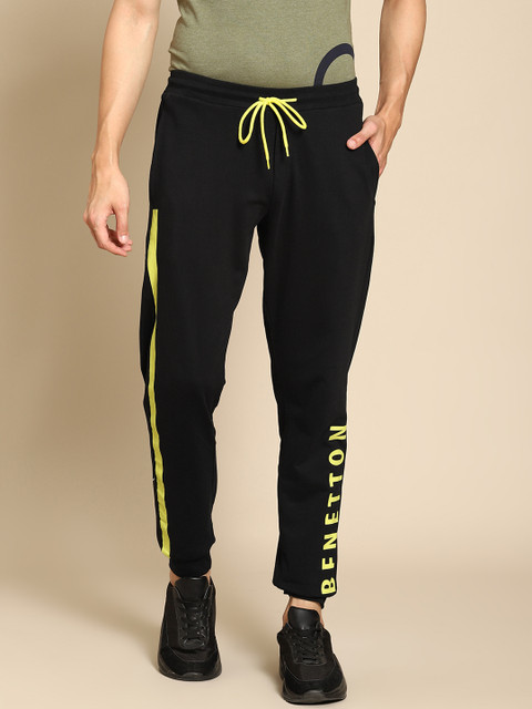 

United Colors of Benetton Men Black & Lime Green Cotton Brand Logo Print Joggers