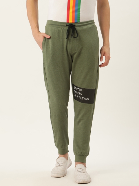 

United Colors of Benetton Men Olive Green Brand Logo Print Detail Joggers
