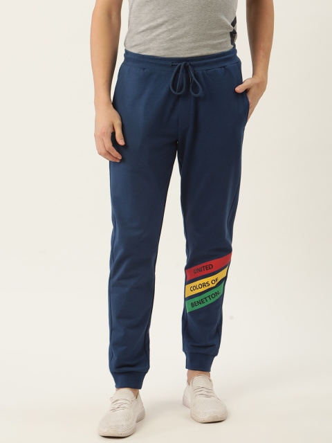 

United Colors of Benetton Men Navy Blue Brand Logo Print Detail Pure Cotton Joggers