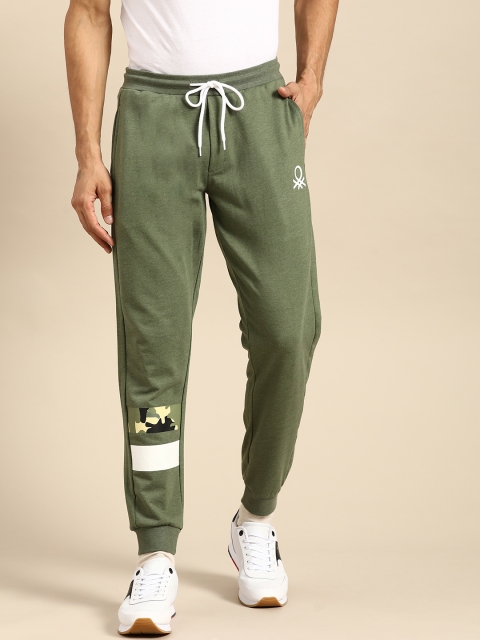 

United Colors of Benetton Men Olive Green Solid Pure Cotton Joggers