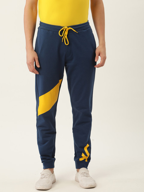 

United Colors of Benetton Men Navy Blue & Yellow Brand Logo Print Detail Joggers