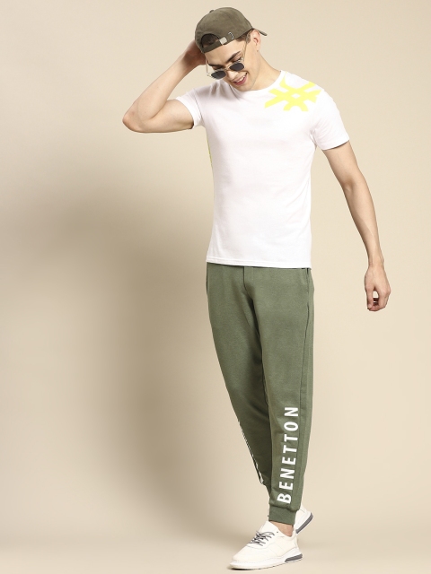 

United Colors of Benetton Men Olive Green Solid Pure Cotton Joggers