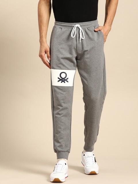 

United Colors of Benetton Men Grey Melange Brand Logo Detail Pure Cotton Joggers