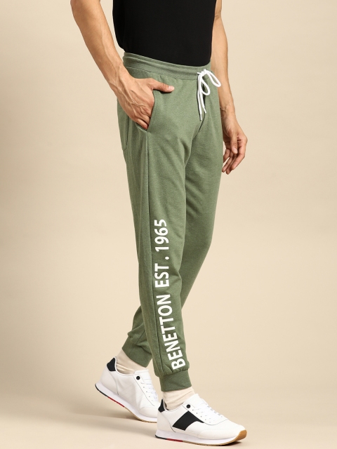 

United Colors of Benetton Men Olive Green Brand Logo Detail Pure Cotton Joggers