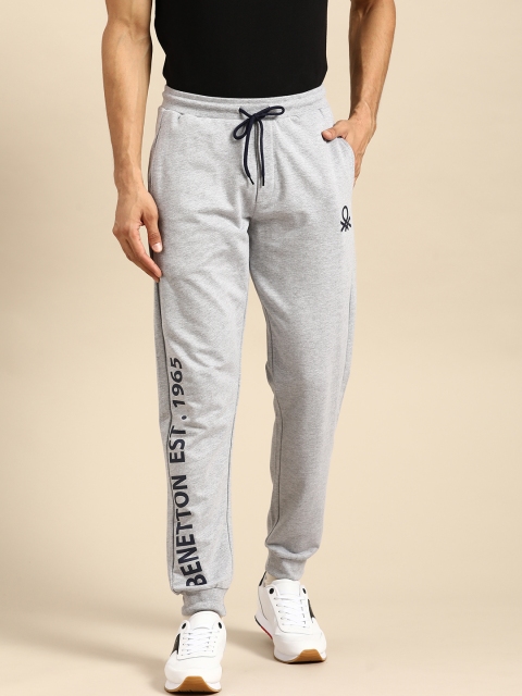 

United Colors of Benetton Men Grey Melange Brand Logo Detail Pure Cotton Joggers