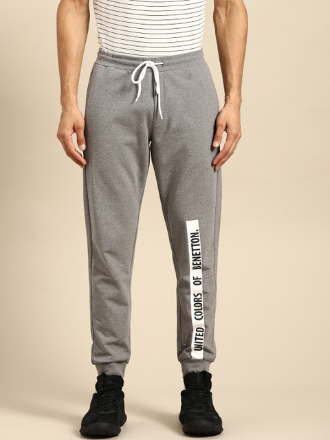 

United Colors of Benetton Men Grey Melange Solid Pure Cotton Joggers With Printed Detail