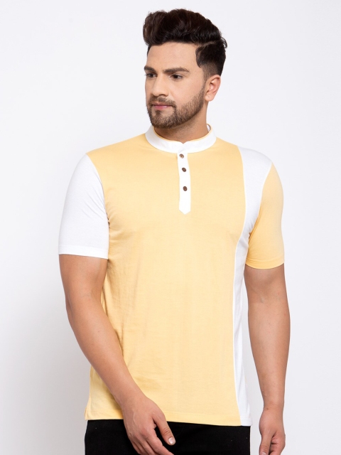 

Kalt Men Yellow & White Colourblocked Henley Neck T-shirt