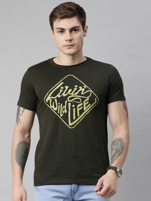 

QUANCIOUS Men Green Printed Organic Cotton Round Neck T-shirt