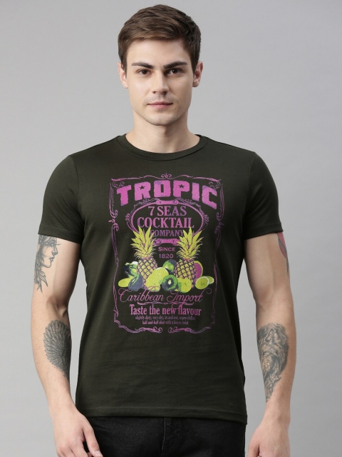 

QUANCIOUS Men Green Printed Organic Cotton Round Neck T-shirt
