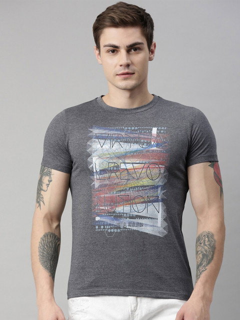

QUANCIOUS Men Charcoal Grey Printed Round Neck Sustainable T-shirt