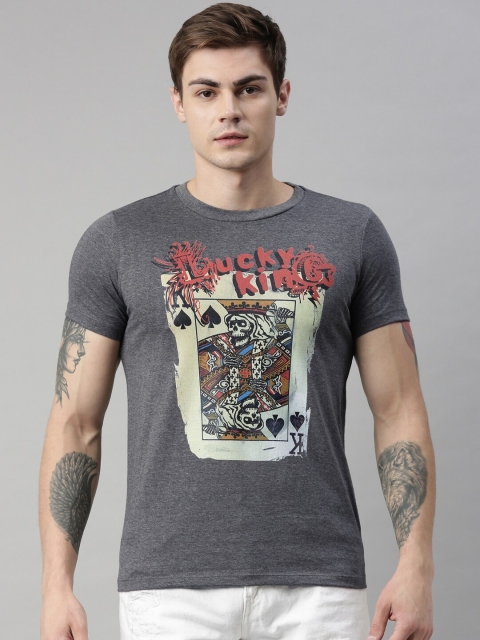 

QUANCIOUS Men Charcoal Grey Printed Round Neck T-shirt