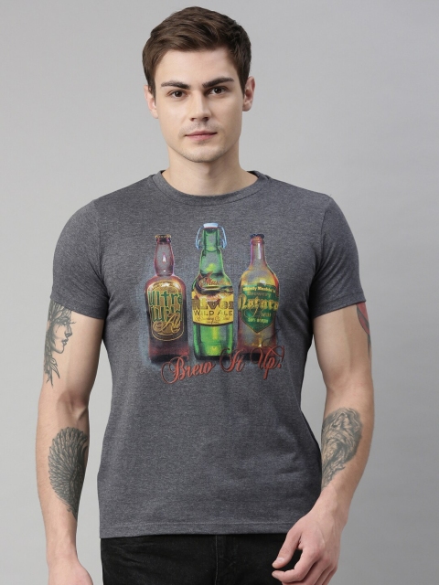 

QUANCIOUS Men Charcoal Grey Printed Round Neck Sustainable T-shirt