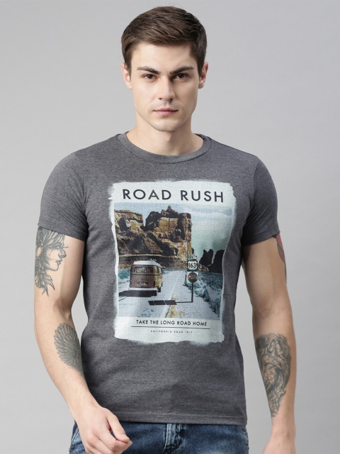 

QUANCIOUS Men Charcoal Grey & Blue Printed Organic Cotton Round Neck Sustainable T-shirt