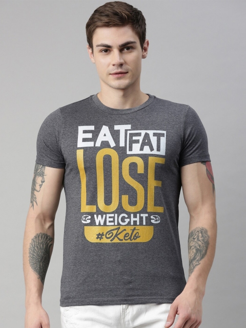 

QUANCIOUS Men Charcoal Grey & Yellow Printed Organic Cotton Round Neck Sustainable T-shirt