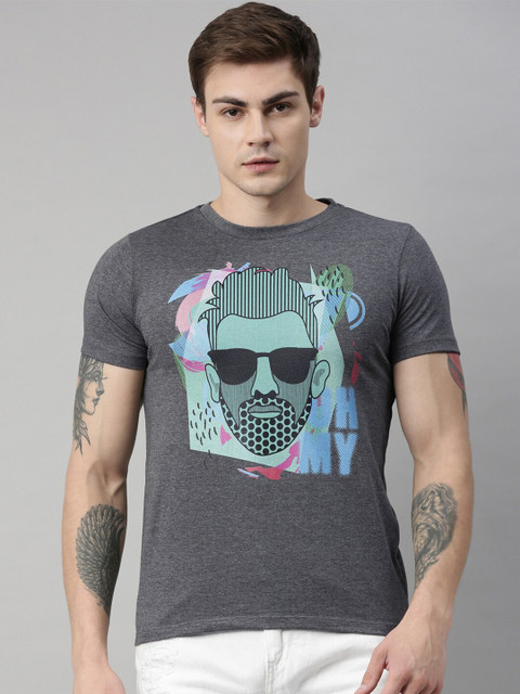

QUANCIOUS Men Charcoal Grey Printed Round Neck Sustainable T-shirt