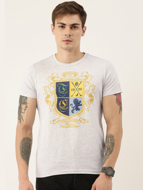 

QUANCIOUS Men Grey Melange & Yellow Printed Organic Cotton Round Neck Sustainable T-shirt