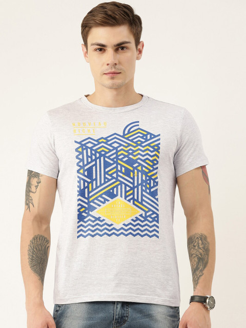 

QUANCIOUS Men Grey Melange Printed Round Neck Sustainable T-shirt
