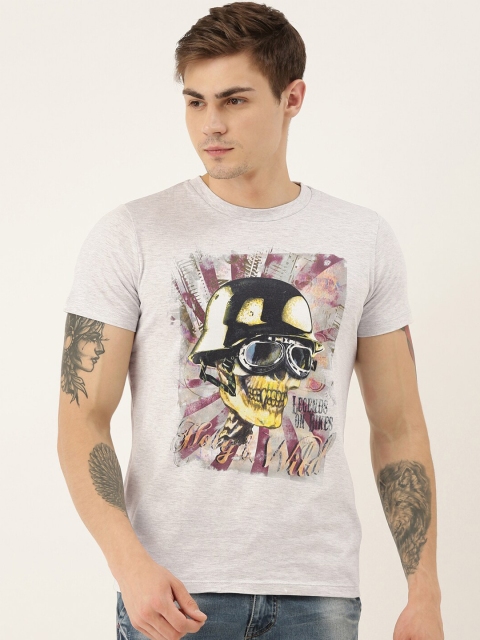 

QUANCIOUS Men Grey Melange Printed Round Neck T-shirt