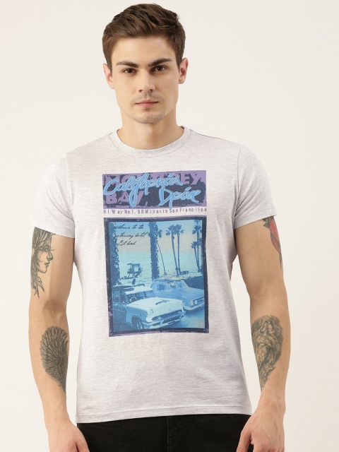 

QUANCIOUS Men Grey Melange & Blue Printed Organic Cotton Round Neck Sustainable T-shirt