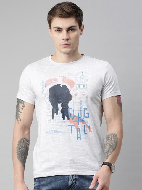

QUANCIOUS Men Grey Melange Printed Round Neck T-shirt
