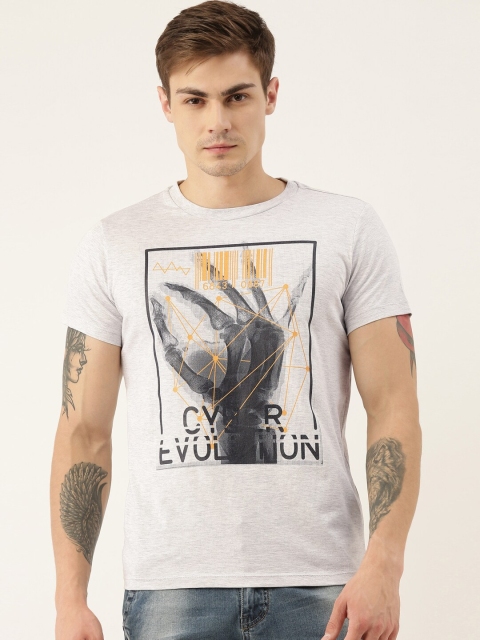 

QUANCIOUS Men Grey Melange Printed Round Neck T-shirt
