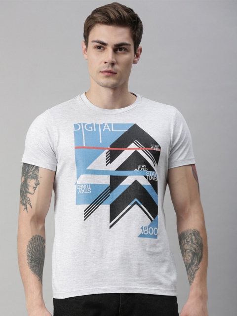 

QUANCIOUS Men Grey Melange Printed Round Neck T-shirt