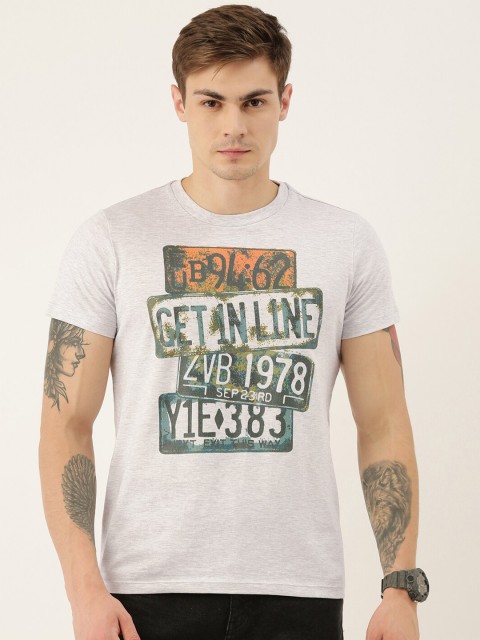 

QUANCIOUS Men Grey Melange Printed Round Neck Sustainable T-shirt