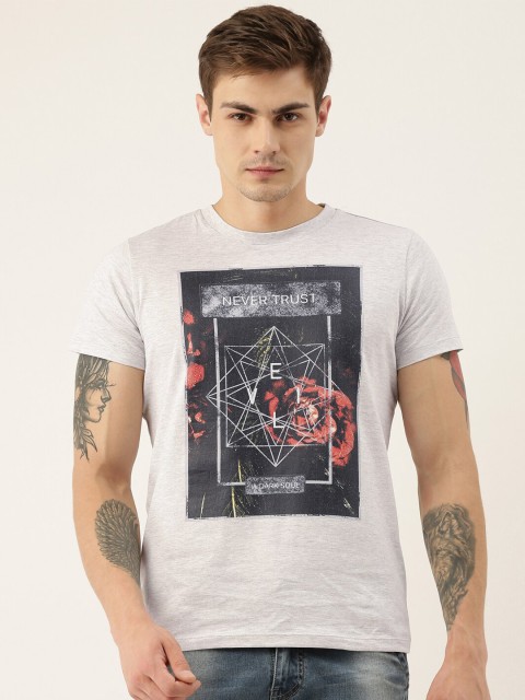 

QUANCIOUS Men Grey Melange Printed Round Neck T-shirt