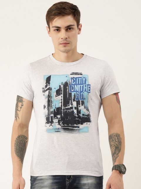 

QUANCIOUS Men Grey Melange Printed Round Neck T-shirt