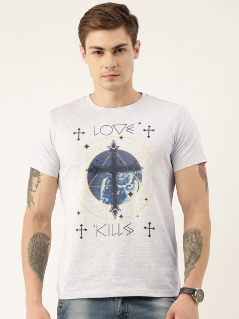 

QUANCIOUS Men Grey Melange Printed Round Neck Sustainable T-shirt