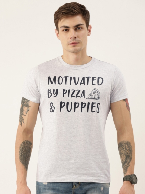 

QUANCIOUS Men Grey Melange Printed Round Neck T-shirt