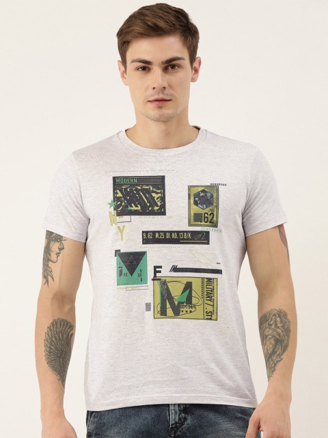

QUANCIOUS Men Grey Melange Printed Round Neck T-shirt