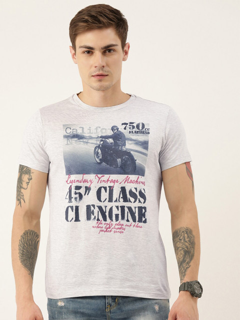 

QUANCIOUS Men Grey Melange Printed Round Neck T-shirt