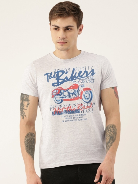 

QUANCIOUS Men Grey Melange Printed Round Neck T-shirt