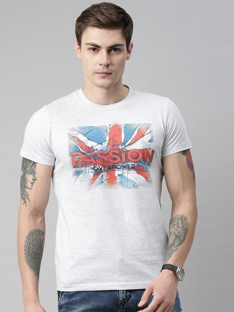 

QUANCIOUS Men Grey Melange Printed Round Neck Sustainable T-shirt