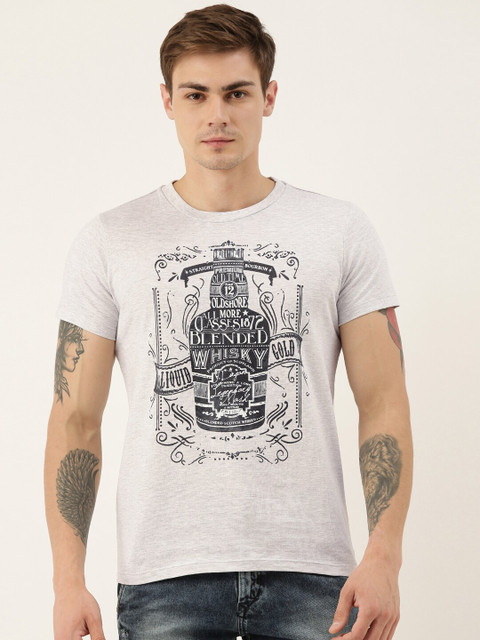 

QUANCIOUS Men Grey Melange Printed Round Neck T-shirt