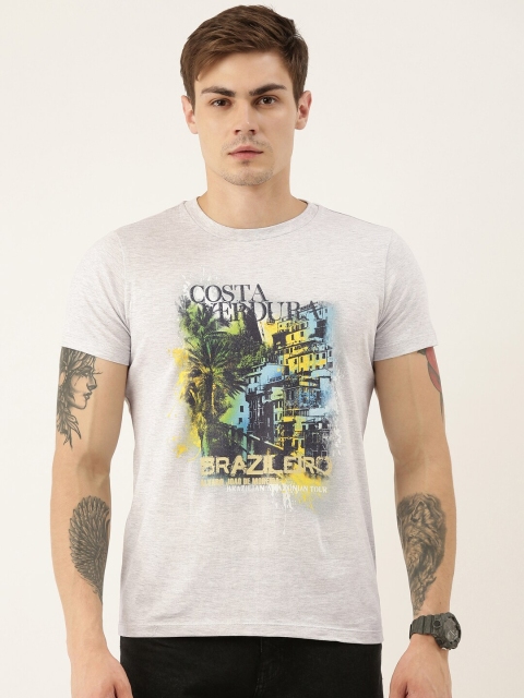 

QUANCIOUS Men Grey Melange & Yellow Printed Organic Cotton Round Neck Sustainable T-shirt
