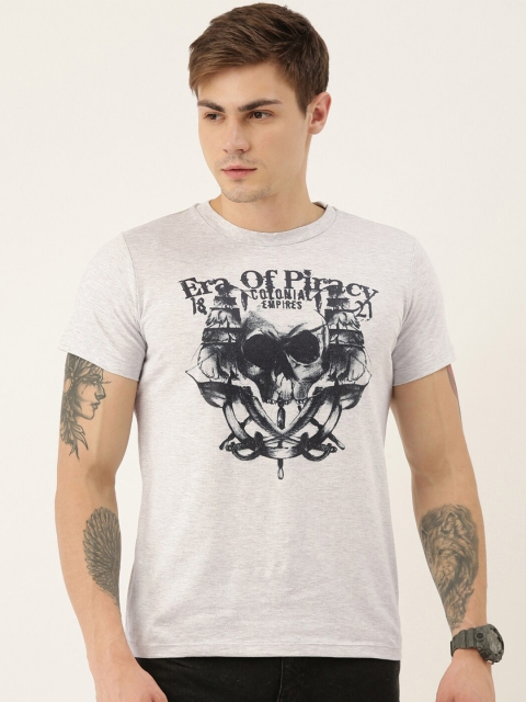 

QUANCIOUS Men Grey Melange Printed Round Neck T-shirt