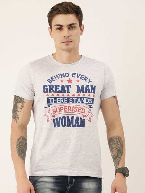 

QUANCIOUS Men Grey Melange Printed Round Neck Sustainable T-shirt