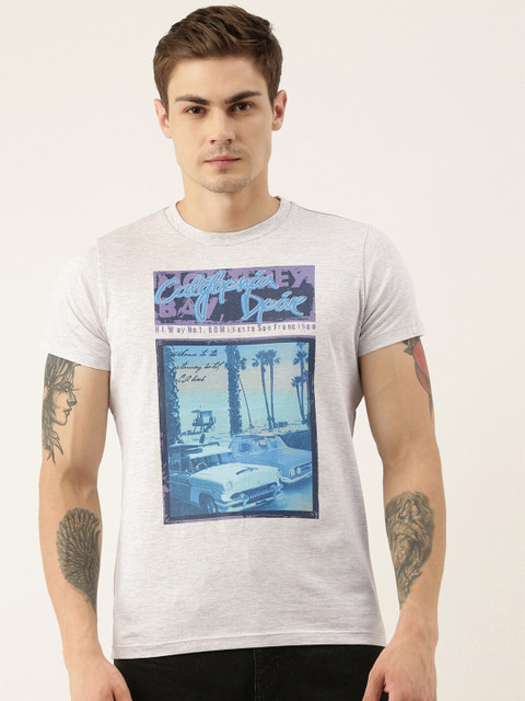 

QUANCIOUS Men Grey Melange Printed Round Neck Sustainable T-shirt