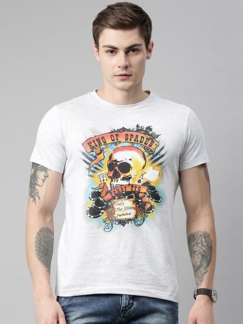 

QUANCIOUS Men Grey Melange Printed Round Neck T-shirt