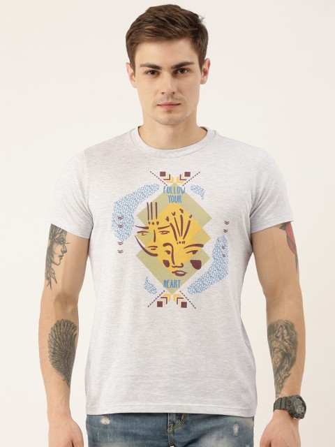 

QUANCIOUS Men Grey Melange Printed Round Neck Sustainable T-shirt