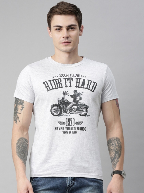 

QUANCIOUS Men Grey Melange & Black Biker Printed Organic Cotton Round Neck Sustainable T-shirt